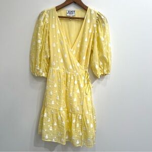 Just Female Well Wrap Mini Dress Butter Yellow White Rain Drop Polka Dots 36